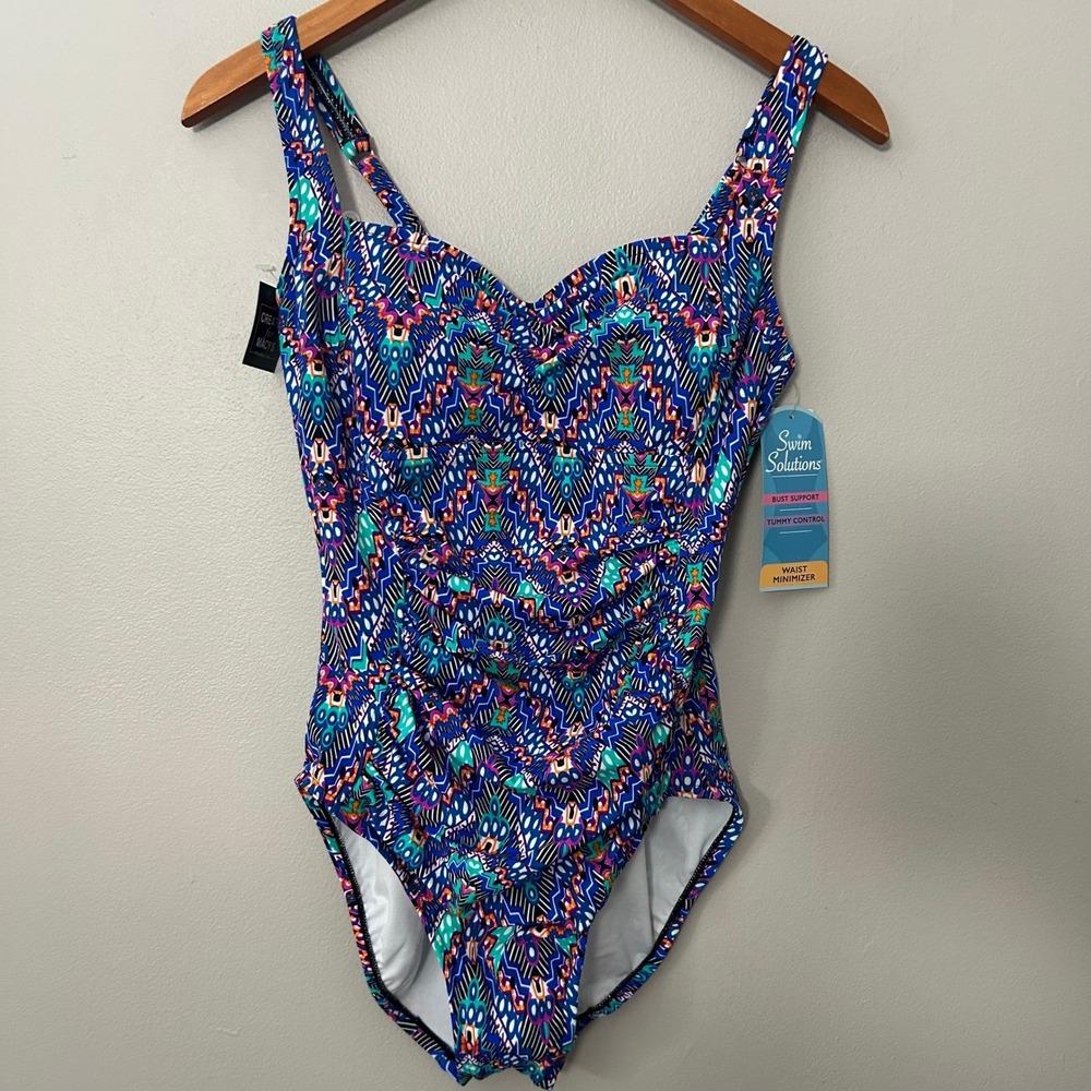 NWT Swim Solutions‎ Womens 10 One Piece Swimsuit Tummy Control Shirred Slimming